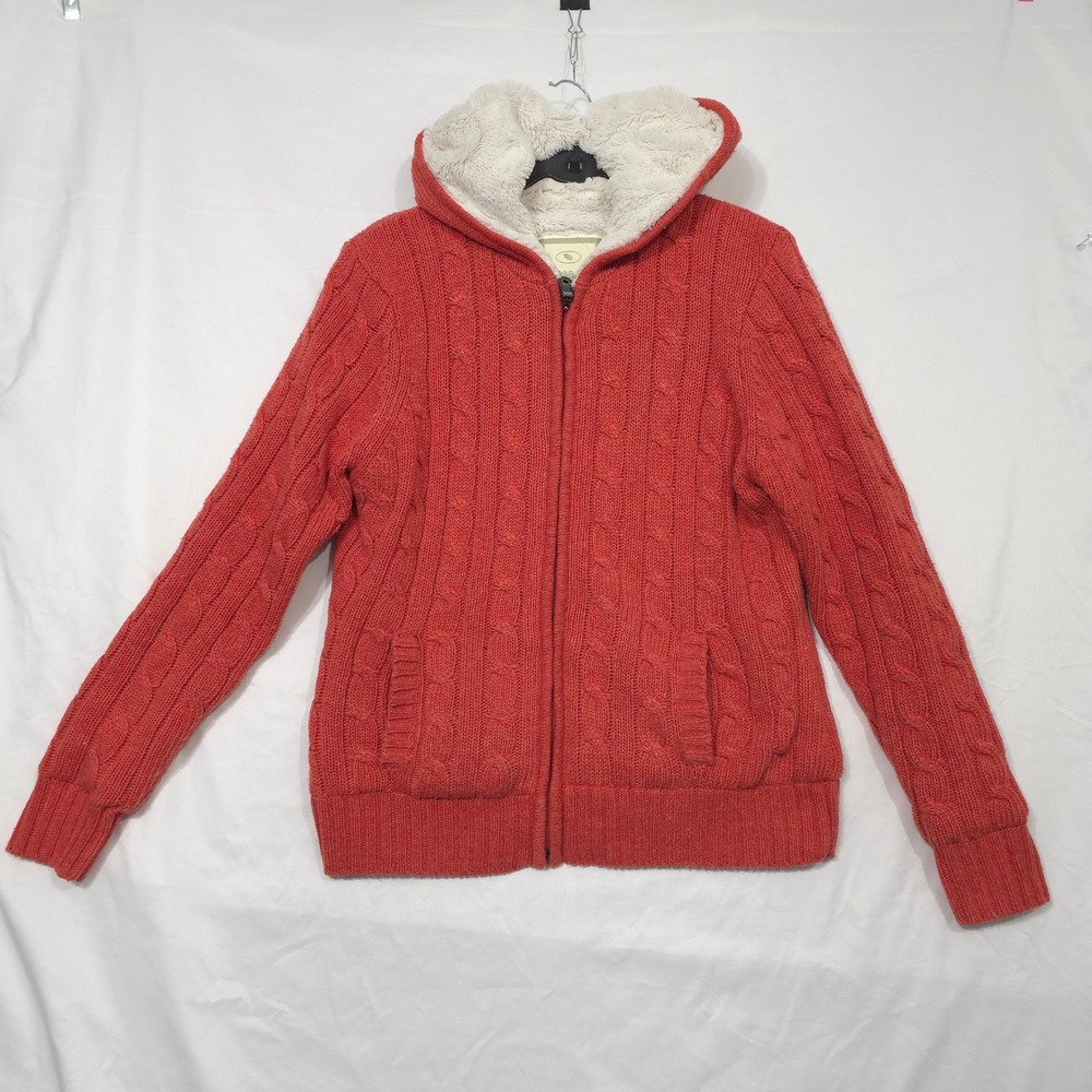 Green Tea Sweater Hoodie Cable Knit Faux Fur Lined Coral Red Women L Cozy